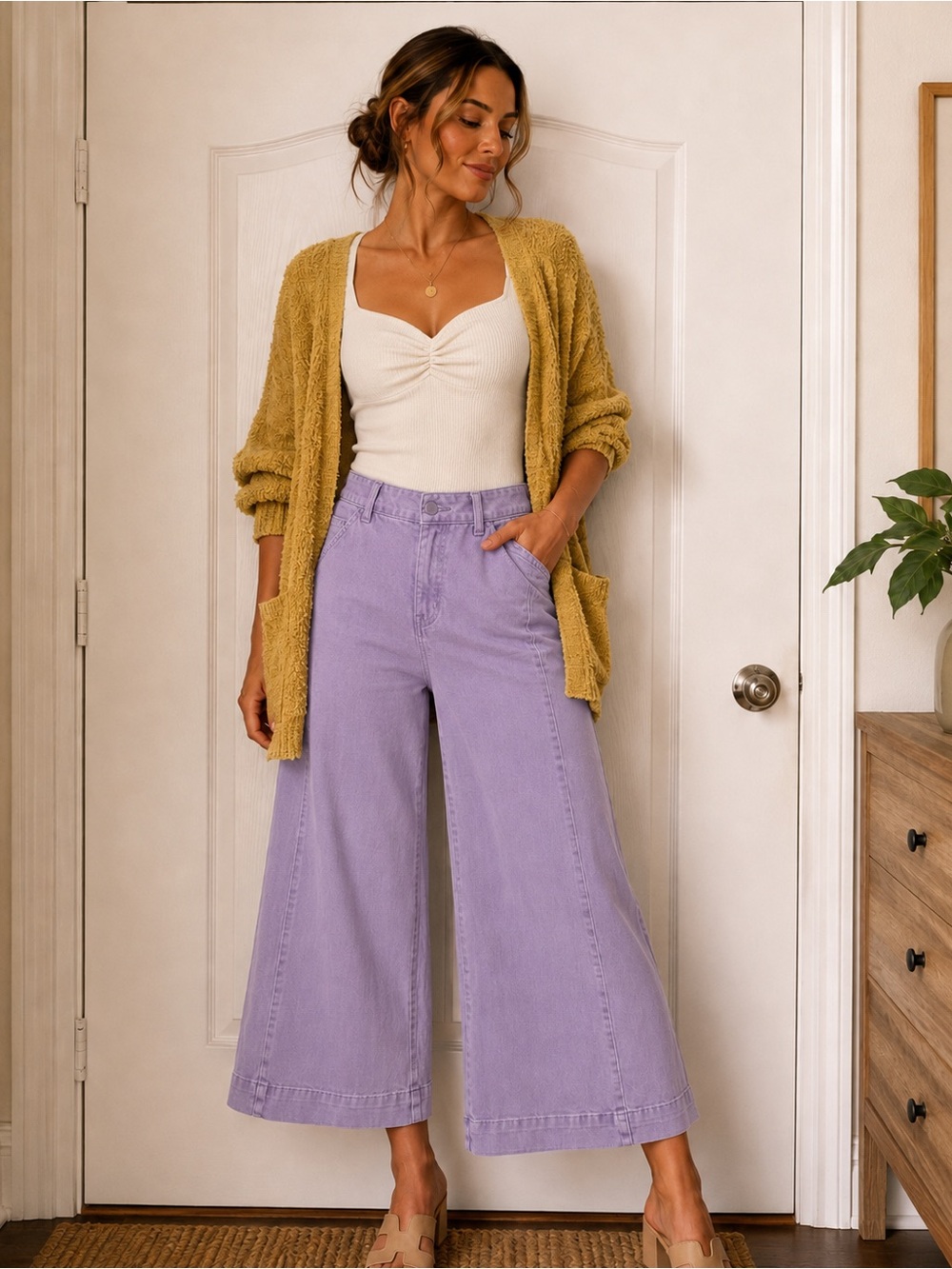 New Zenana High Rise Cropped Gaucho Denim Lavender Wide-Leg Jeans S/M/L